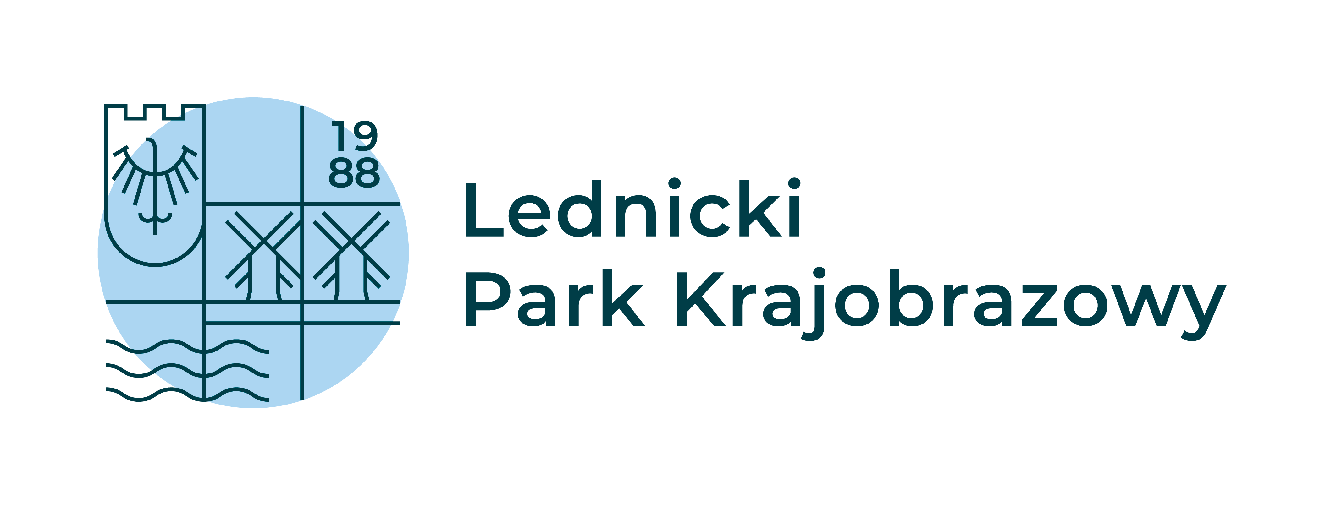 Logo Lednickiego Parku Krajobrazowego. Widać wiatraki i godło Polski. Niebieski kolor symbolizuje wody jeziora Lednica.