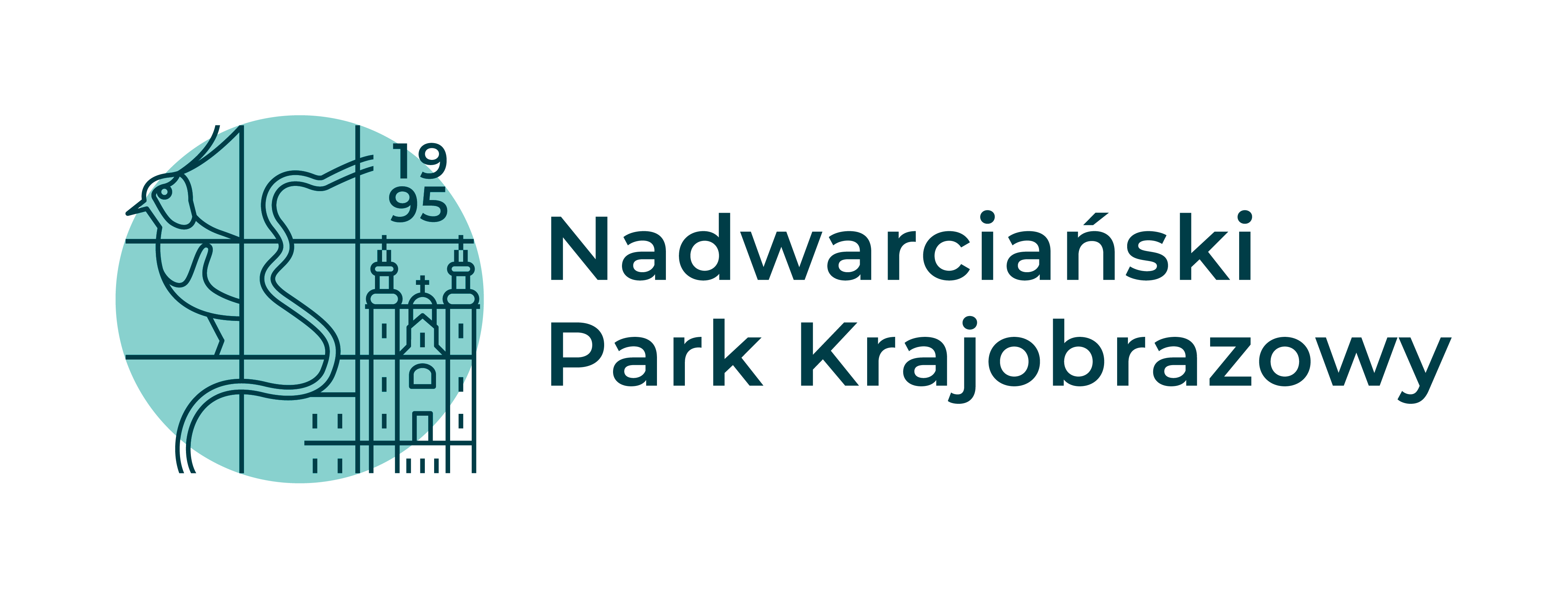 Logo Nadwarciańskiego Parku Krajobrazowego. Widać podobiznę czajki, linię symbolizującą przebieg rzeki Warty oraz budynek opactwa pocysterskiego w miejscowości Ląd.