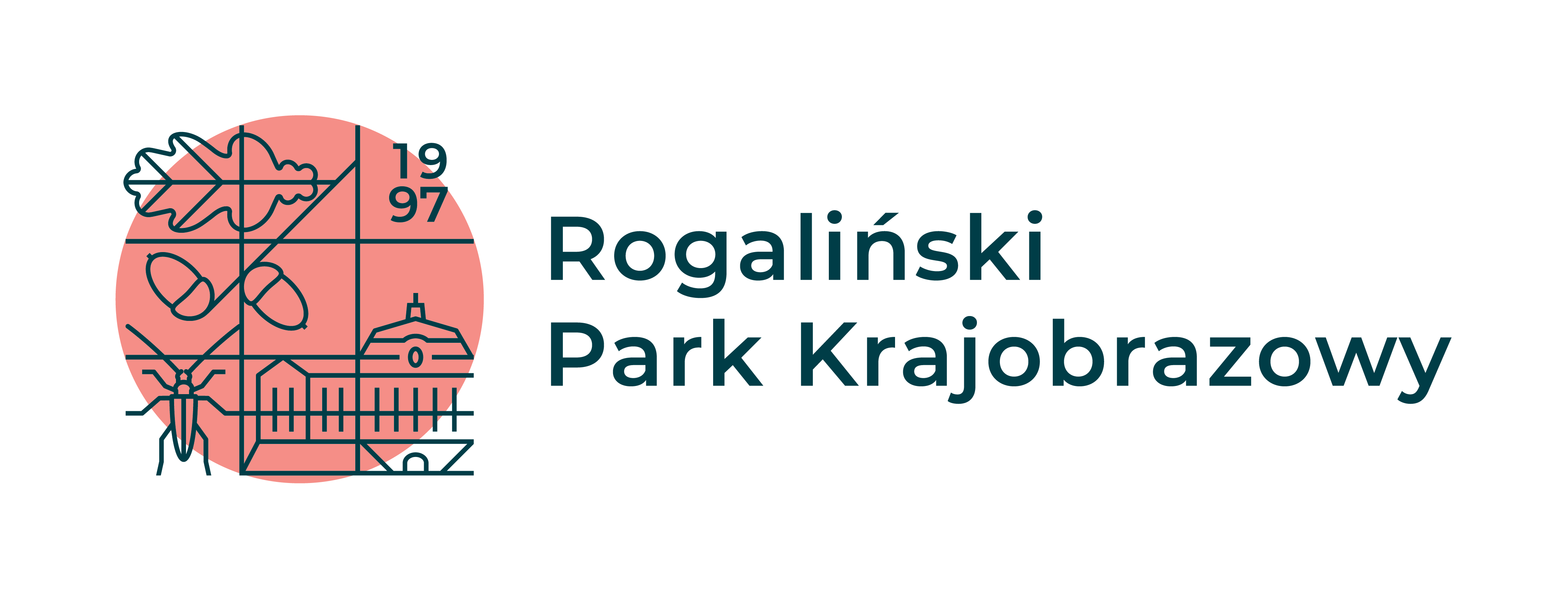 Logo Rogalińskiego Parku Krajobrazowego. Widać liść dębu, podobiznę chrząszcza kozioroga dębosza, fasade pałacu w rogalinie.