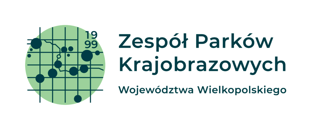 Logo Zespołu Parków Krajobrazowych Województwa Wielkopolskiego. Widać siatkę kartograficzną z kropkami które oznaczają lokalizację parków, linia oznacza przebieg rzeki Warty.