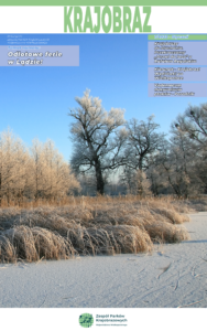 Okładka magazynu Krajobraz, numer pierwszy. Przedstawia drzewa na łące pokrytej szronem o wschodzie słońca