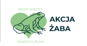 Logo przedstawiające płaza i napis AKCJA ŻABA NIGDY WIĘCEJ MOKRYCH PLAM