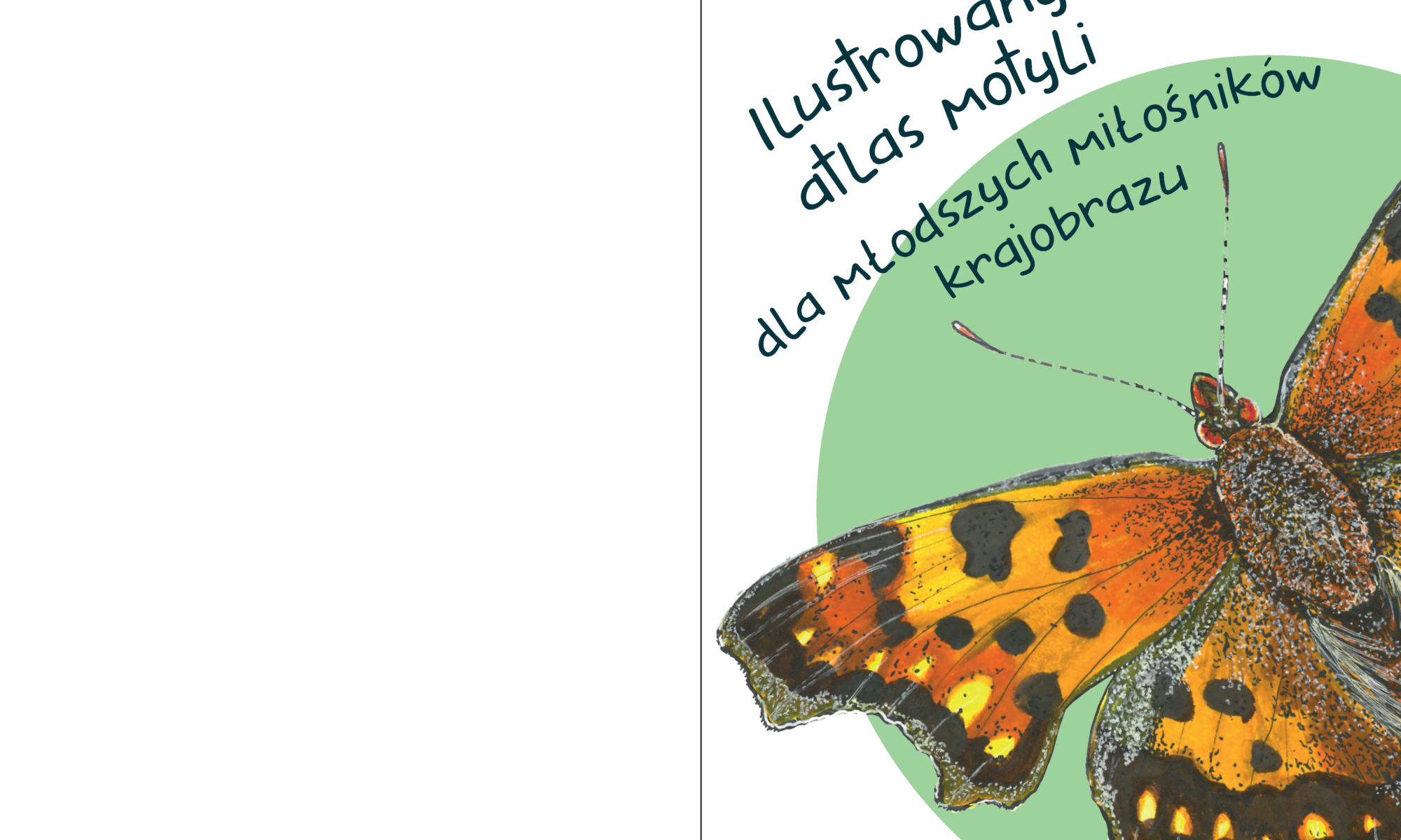 Okładka publikacji. Widać na niej motyla na zielonym kole oraz tytuł który brzmi "Ilustrowany atlas motyli dla młodszych miłośników krajobrazu"