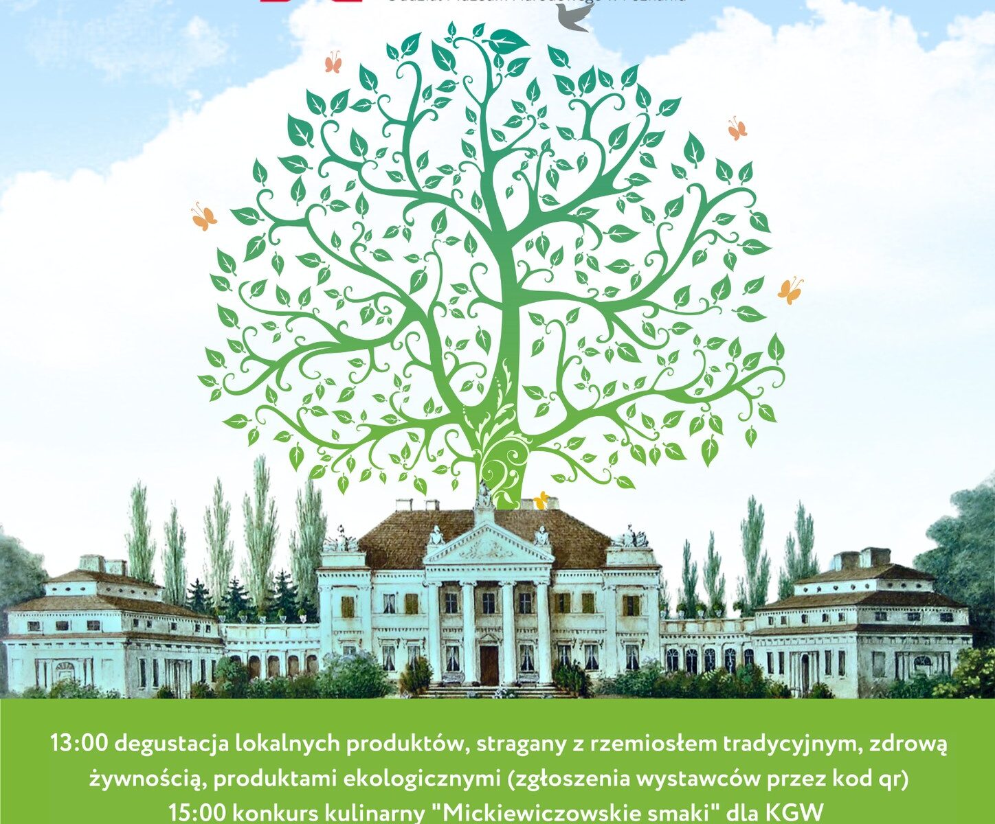 Plakat z grafiką drzewa, w tle fasada pałacu w Śmiełowie, na dole logotypy organizatorów wydarzenia. Nazwa wydarzenia na plakacie EKO ŚMIEŁÓW.