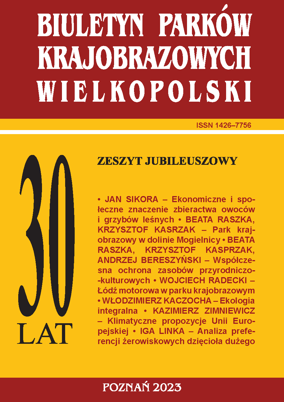 Okładka wydawnictwa Biuletyn Parków Krajobrazowych Wielkopolski 2023 - Numer 30 jubileuszowy