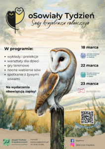 Grafika - plakat informacyjny. Sowa stojąca na słupku