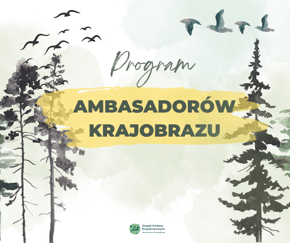 Program Ambasadorów Krajobrazu. Tekst na artystycznym tle. Obrazek oprócz tekstu przedstawia drzewa i ptaki.